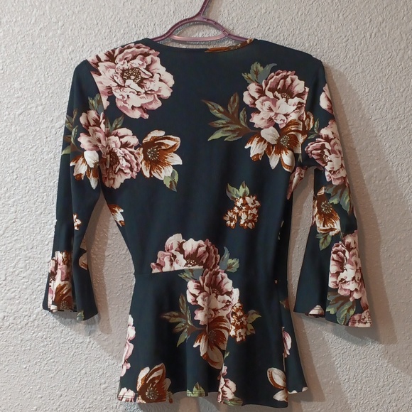 Iz Byer Floral Wrap Blouse - Black and Pink,  Ladies X-Small,  Black Floral Top - Picture 3 of 5